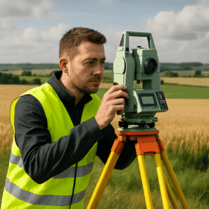 Landmåler i refleksvest opmåler terræn med totalstation og danske marker i baggrunden – symbol på landmålerløn