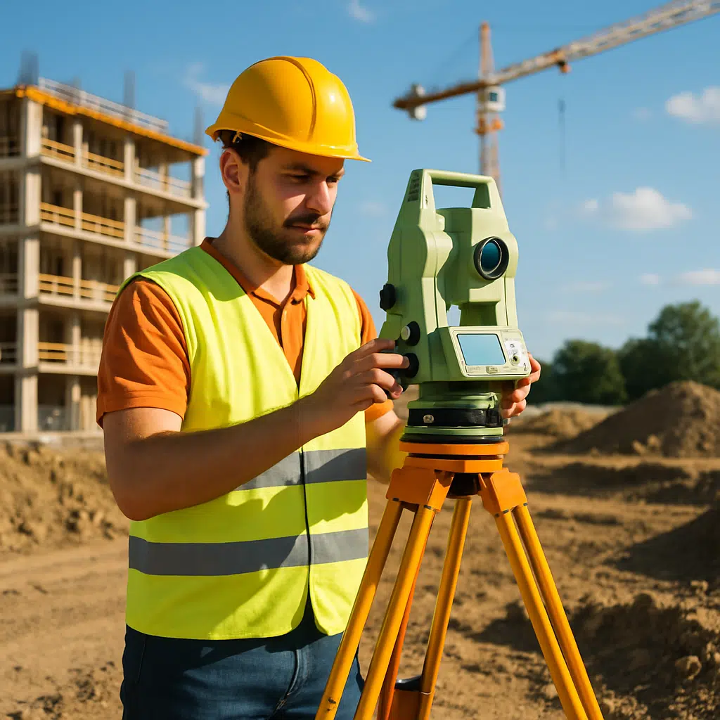 Landmåler i refleksvest opmåler terræn med totalstation og danske marker i baggrunden – symbol på landmålerløn