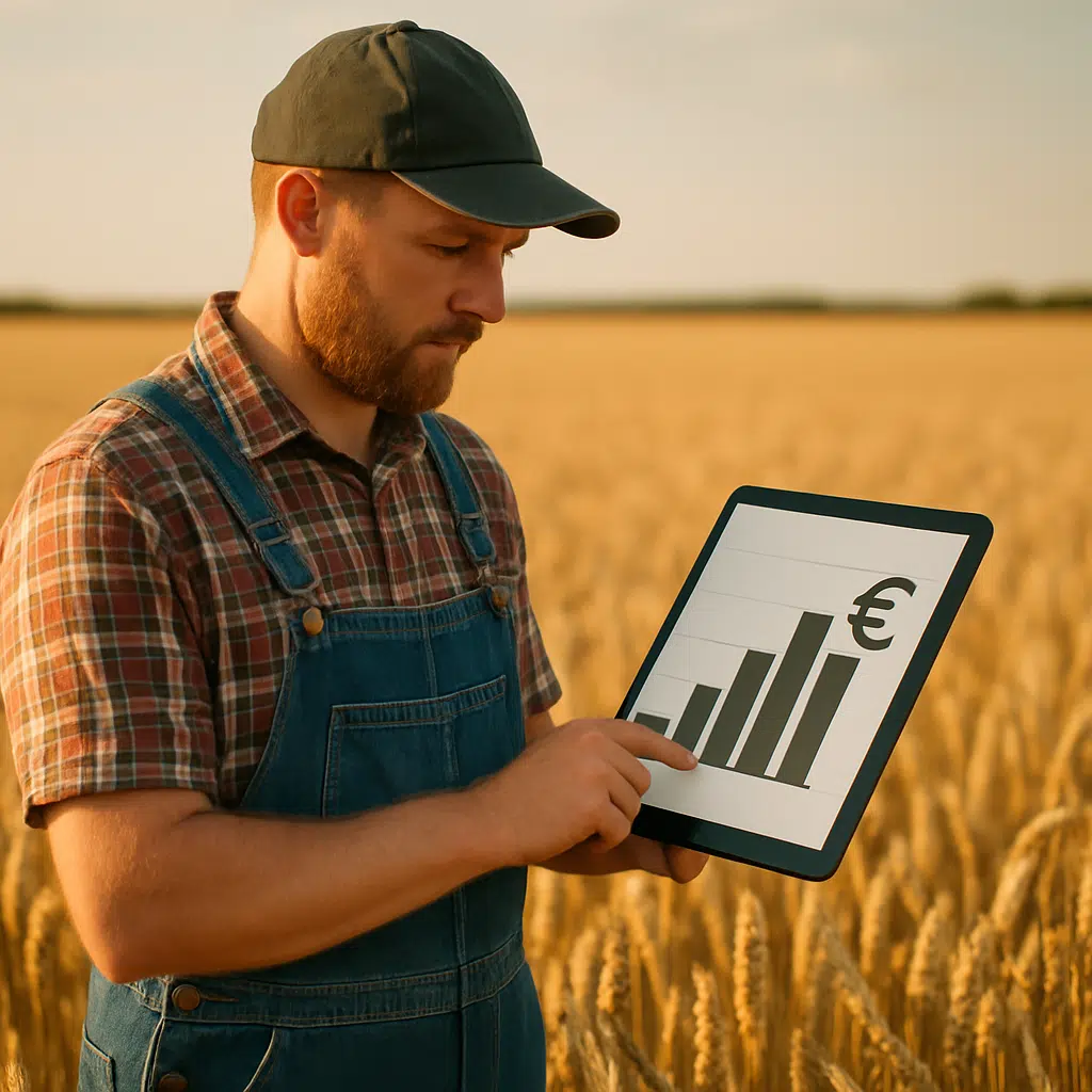 Landmand i overalls står på kornmark og tjekker lønskala på tablet, der illustrerer landmandløn i Danmark