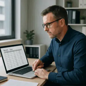 Universitetslektor sidder ved skrivebord og gennemgår oversigt over lektor løn, løntrin og tillæg på laptop i kontormiljø.