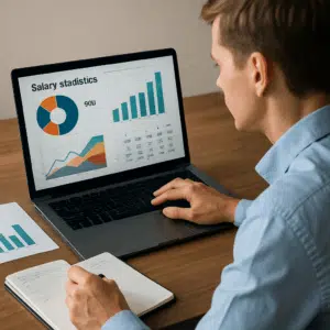 Logistikøkonom studerer lønstatistik for 2024 på bærbar computer med grafer, diagrammer og noter for at optimere indkomsten.