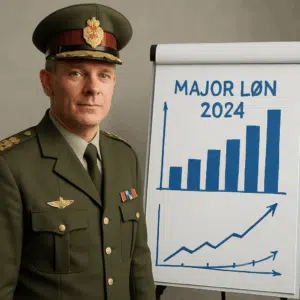 Dansk militærmajor i uniform foran flipover med diagram over major løn 2024 og lønudvikling