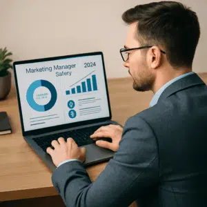 Marketing Manager ved laptop med oversigt over løn i 2024, gennemsnitstal, bonusmuligheder og forhandlingstips