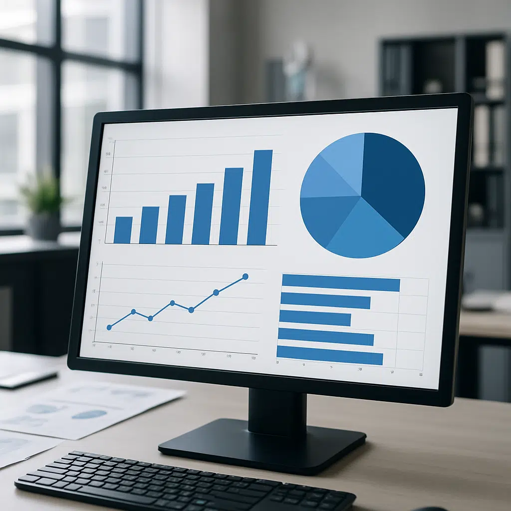 Maskiningeniør lønstatistikker vises på computerskærm med grafer og diagrammer i moderne kontormiljø.