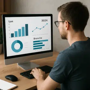 Mediegrafiker gennemgår lønstatistik og branchetal for 2024 på computerskærm
