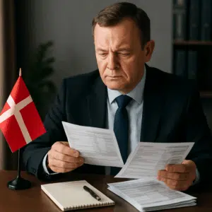Mandlig minister gennemgår lønsedler ved skrivebord med dansk flag og notesblok, symboliserer minister løn og skjulte frynsegoder 2024