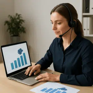Mødebooker arbejder ved skrivebord med laptop og diagram over lønstatistik for Danmark