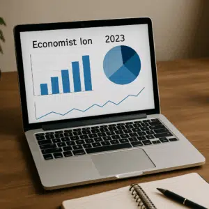 Laptop med diagrammer og tal over økonom løn 2023, notesblok og pen ved siden af.
