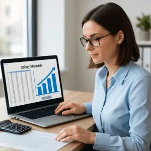 Billede af økonomiassistent ved computer med regneark, symboliserer lønstatistik, tillæg og karrieremuligheder i 2024