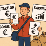 Postbud med lønsedler og postposer illustrerer omdeler løn 2024, startløn, bonus og karriere muligheder.