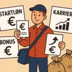 Postbud med lønsedler og postposer illustrerer omdeler løn 2024, startløn, bonus og karriere muligheder.