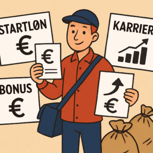 Postbud med lønsedler og postposer illustrerer omdeler løn 2024, startløn, bonus og karriere muligheder.