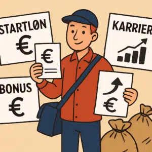 Postbud med lønsedler og postposer illustrerer omdeler løn 2024, startløn, bonus og karriere muligheder.