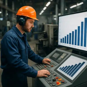 Industrimaskinoperatør ved kontrolpanel med diagram over operatør løn i Danmark 2024