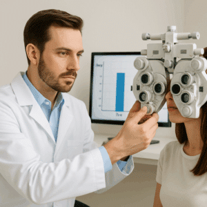Optometrist i hvid kittel foretager synstest, mens en graf på skærm viser optometrist løn i Danmark