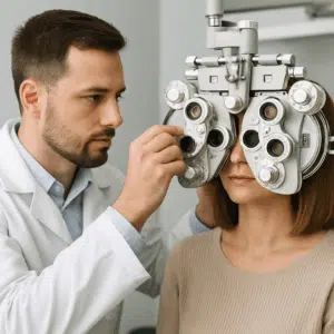 Optometrist i hvid kittel foretager synstest, mens en graf på skærm viser optometrist løn i Danmark