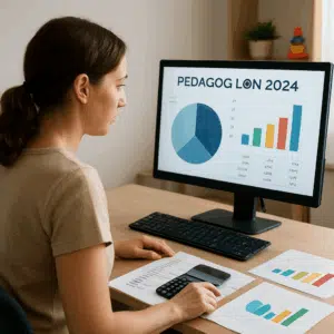 Pædagog sidder ved skrivebord med lønberegning, diagrammer og tal på skærmen, der illustrerer pædagog løn 2024