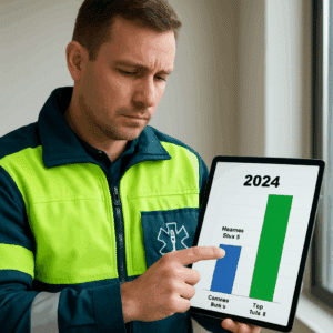 Paramediciner i uniform, der studerer en tablet med grafisk oversigt over gennemsnitlig løn og topløn for 2024