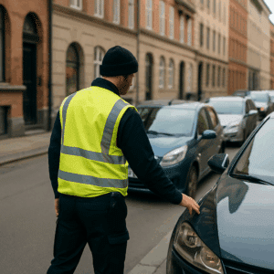 Parkeringsvagt i gul refleksvest kontrollerer parkerede biler på en bygade, symboliserer parkeringsvagt løn og karrieremuligheder i Danmark.