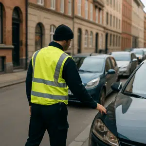 Parkeringsvagt i gul refleksvest kontrollerer parkerede biler på en bygade, symboliserer parkeringsvagt løn og karrieremuligheder i Danmark.