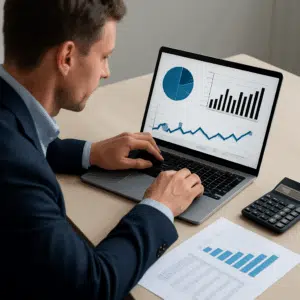 Pensionsrådgiver løn-analyse på laptop med grafer, dokumenter og en kalkulator på et lyst kontorbord