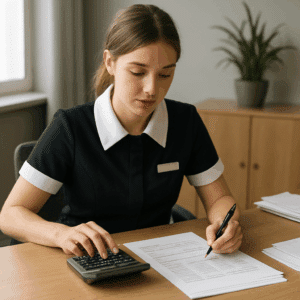 Kvinde iført uniform, beregner piccoline løn, timeløn, tillæg og pension ved skrivebord med lommeregner og dokumenter