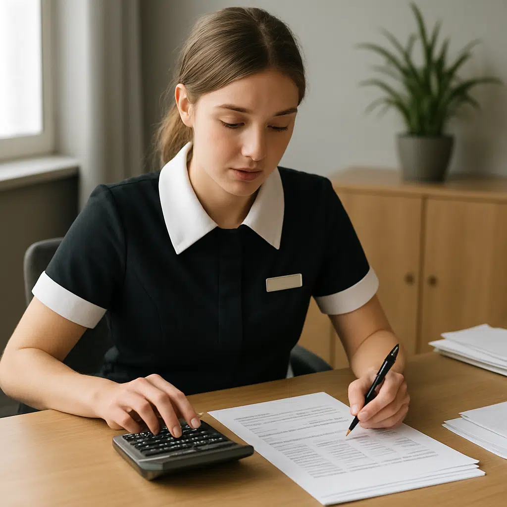 Kvinde iført uniform, beregner piccoline løn, timeløn, tillæg og pension ved skrivebord med lommeregner og dokumenter