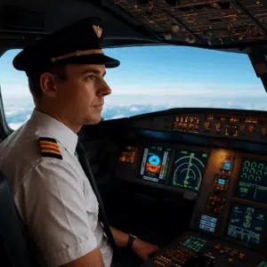 Professionel pilot i uniform i et moderne flycockpit med lysende instrumentbræt og udsigt til himlen udenfor.