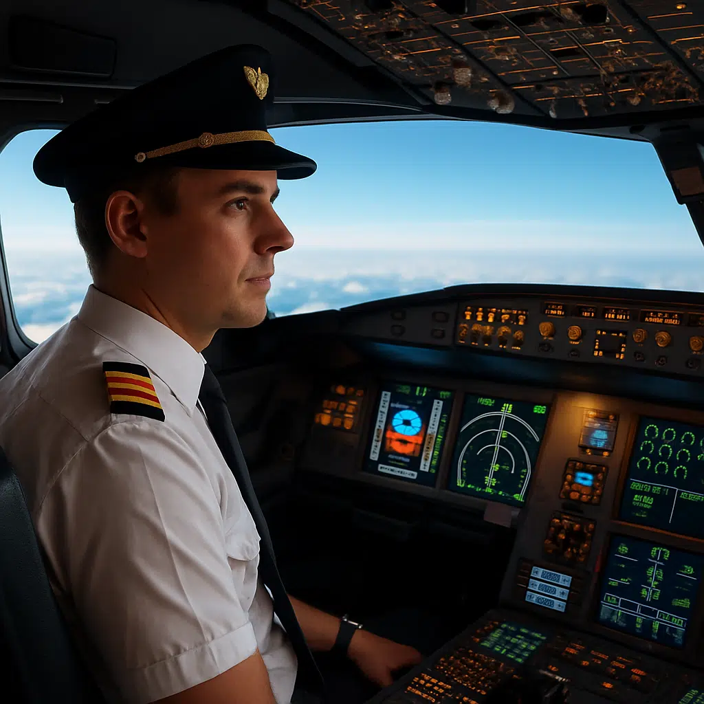 Professionel pilot i uniform i et moderne flycockpit med lysende instrumentbræt og udsigt til himlen udenfor.