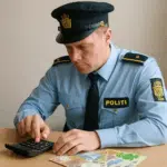 Politibetjent i uniform bruger lommeregner ved pengesedler for at illustrere startløn, gennemsnit og tillæg i 2024.