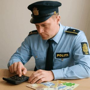 Politibetjent i uniform bruger lommeregner ved pengesedler for at illustrere startløn, gennemsnit og tillæg i 2024.