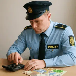Politibetjent i uniform bruger lommeregner ved pengesedler for at illustrere startløn, gennemsnit og tillæg i 2024.