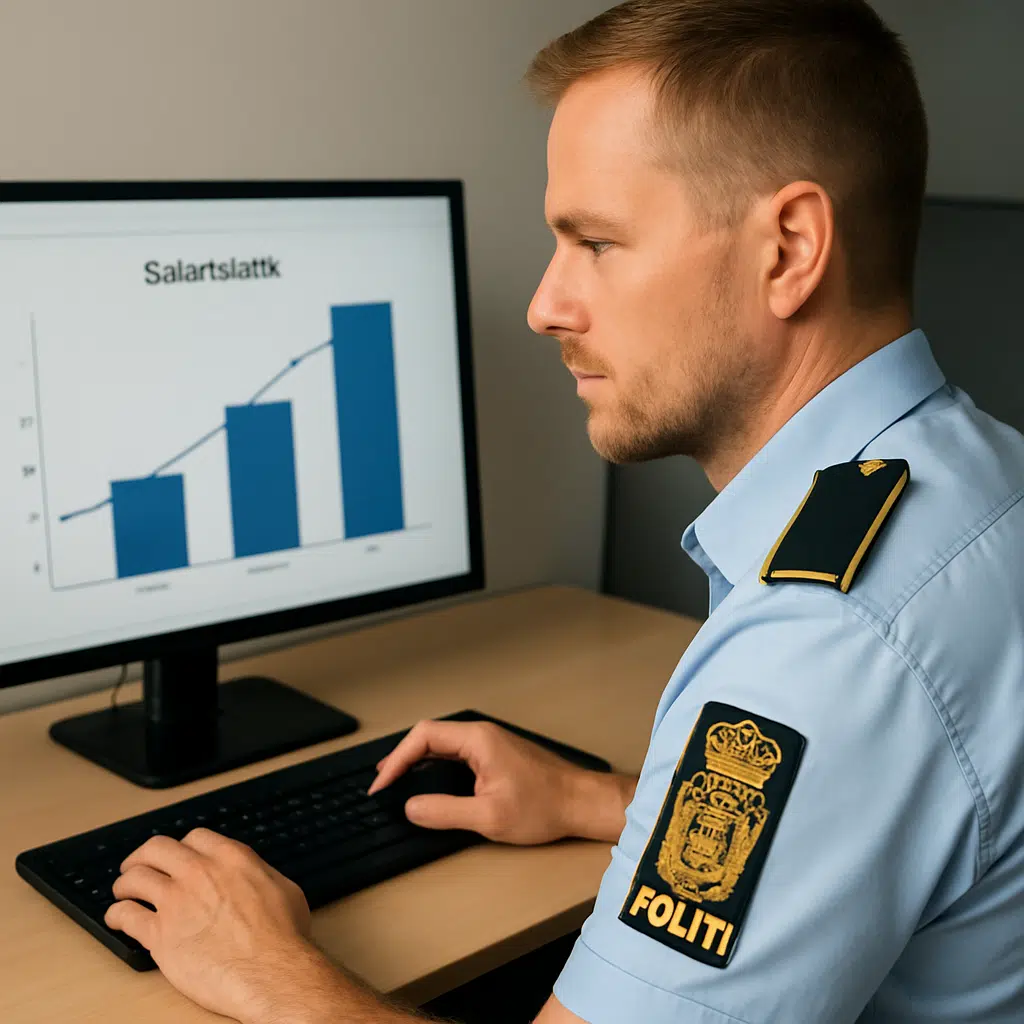 Politibetjent i uniform bruger lommeregner ved pengesedler for at illustrere startløn, gennemsnit og tillæg i 2024.