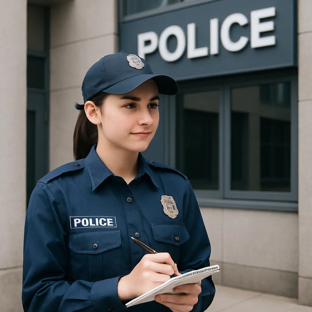 Politikadet i blå uniform ved politistation med notesblok, symbol på politikadet løn, startløn og karriereveje