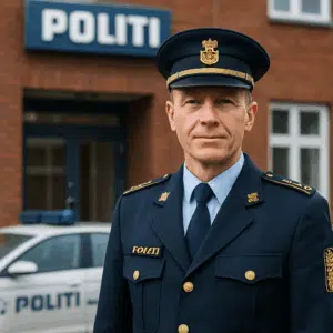 Politikommissær i uniform foran politistation, der illustrerer politikommissær løn, tillæg og karrieremuligheder i Danmark 2024