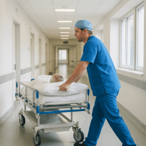 Hospitalportør i blå uniform skubber en patienttransportvogn gennem en lys hospitalsgang