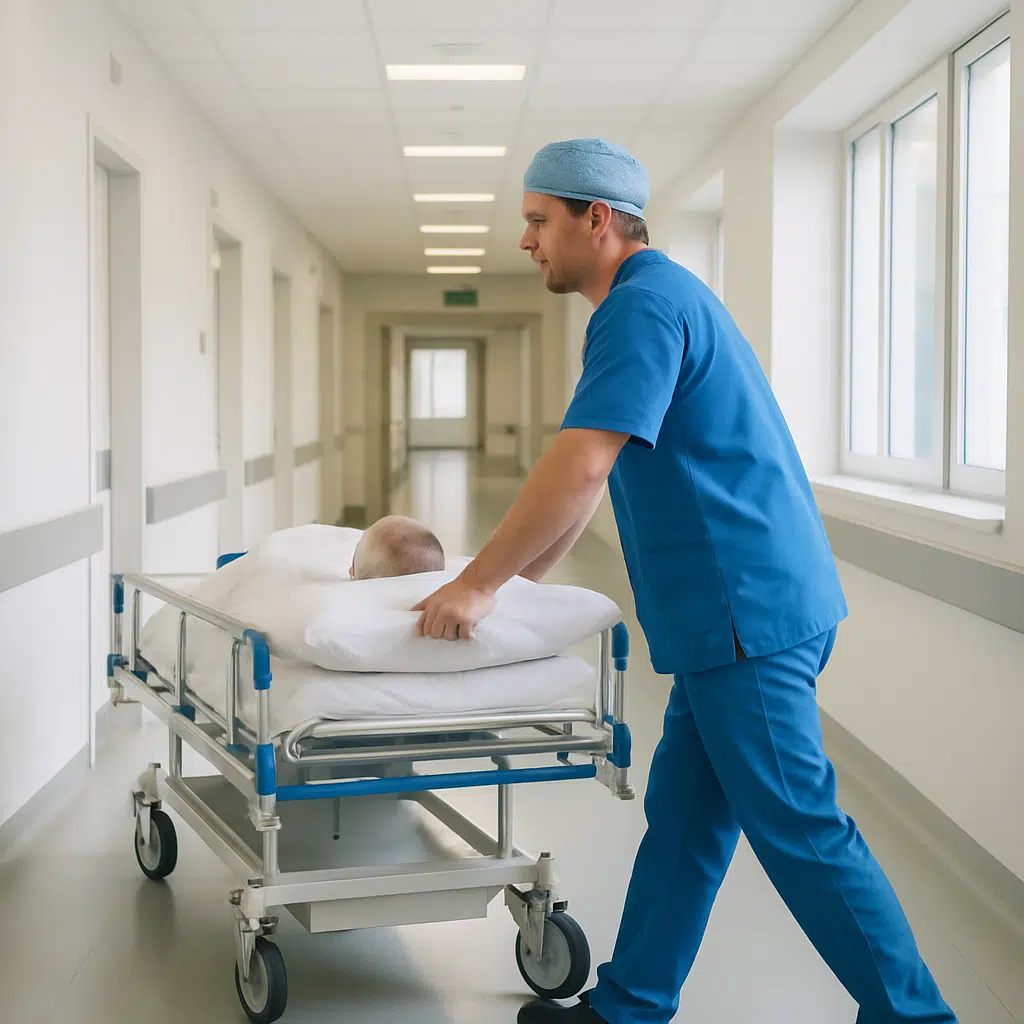 Hospitalportør i blå uniform skubber en patienttransportvogn gennem en lys hospitalsgang