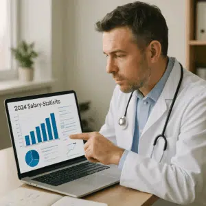 Praktiserende læge gennemgår lønstatistikker for 2024 på laptop med diagrammer og noter om tillæg og karriere