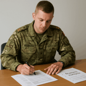 Premierløjtnant i dansk militæruniform ved skrivebord med dokumenter om premierløjtnant løn, tillæg og karrierevej.