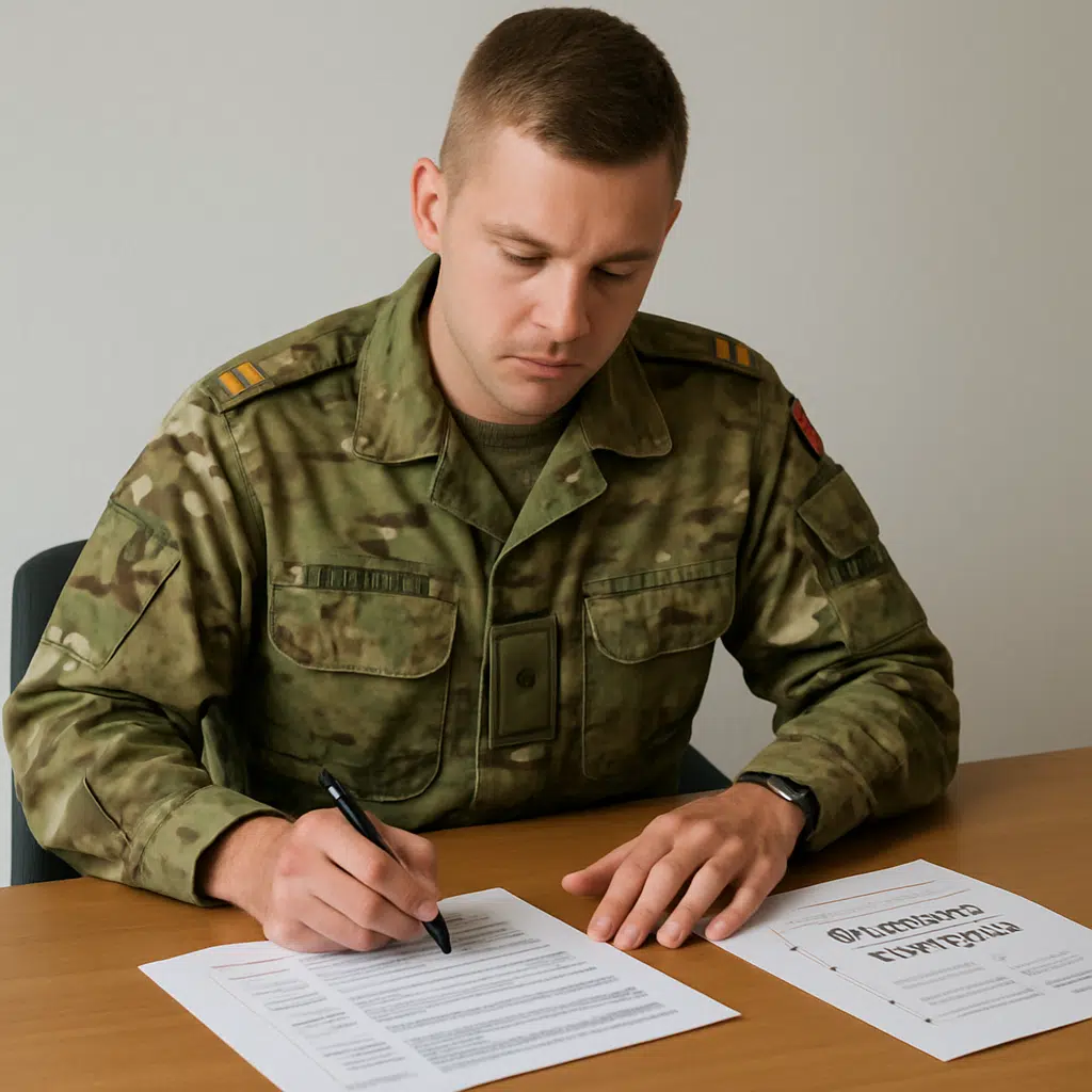 Premierløjtnant i dansk militæruniform ved skrivebord med dokumenter om premierløjtnant løn, tillæg og karrierevej.