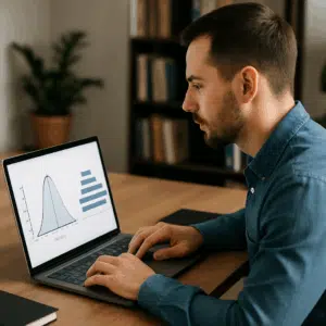 Product manager ved skrivebord ser løndiagrammer på laptop, med grafer over lønniveauer