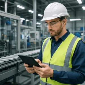 Produktionsmedarbejder i sikkerhedshjelm og vest tjekker lønoplysninger på tablet foran samlebånd i moderne fabrik