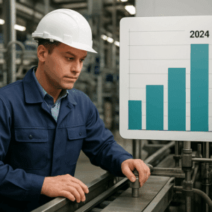 Produktionsteknolog iført sikkerhedshjelm og arbejdstøj ved produktionslinje, mens et diagram viser lønniveauer for 2024.