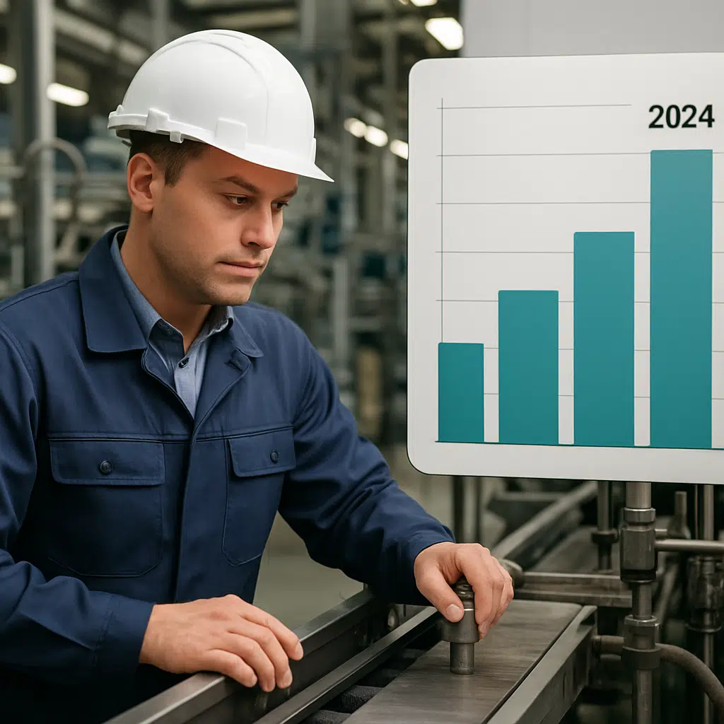 Produktionsteknolog iført sikkerhedshjelm og arbejdstøj ved produktionslinje, mens et diagram viser lønniveauer for 2024.