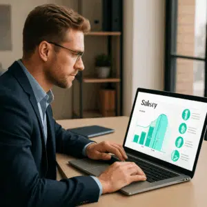 Projektleder ved skrivebord undersøger interaktiv grafik over gennemsnitlig løn og lønforhandlingstips for 2023 på sin laptop.