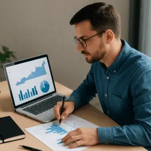 Projektkoordinator løn 2024: person analyserer grafer og noterer data på laptop ved skrivebord.