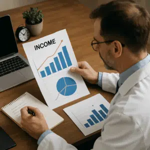 Psykiater ved skrivebord analyserer diagrammer over løn i 2024 og noterer tips til højere indkomst.