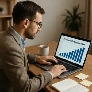 Psykolog ved skrivebordet, der gennemgår en graf over psykolog løn i 2024 på sin laptop, omgivet af noter og en kaffekop.