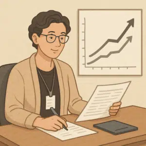 Illustration af psykoterapeut ved skrivebord, der gennemgår lønoplysninger med en stigende kurvegrafik for 2023