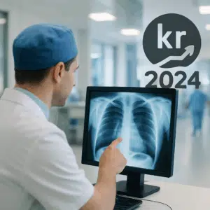 Radiograf i hospitalsmiljø gennemgår røntgenbillede på skærm, symboliserer løn- og karrieremuligheder 2024